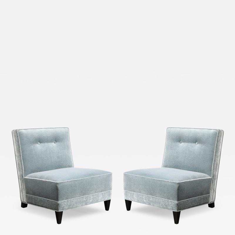 Pair of Mid Century Button Back Detailed Slipper Chairs in Powder Blue Mohair