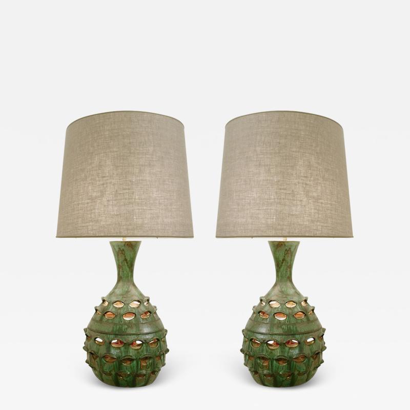 Pair of Mid Century Ceramic Table Lamps with Illuminated Artichoke Base