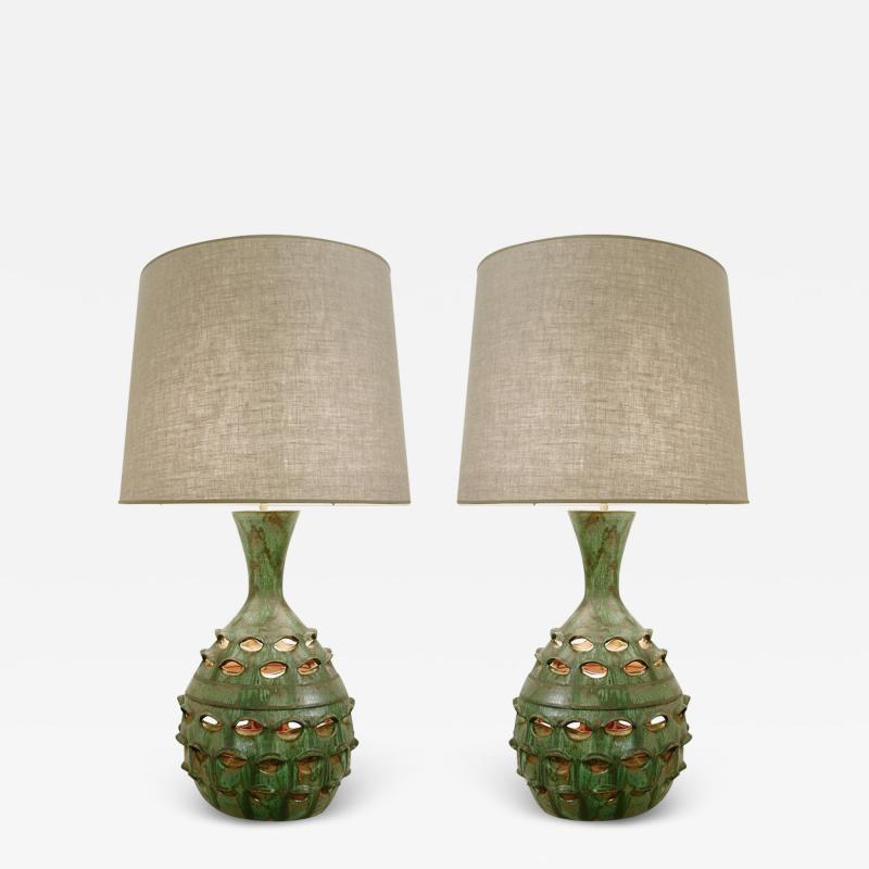 Pair of Mid Century Ceramic Table Lamps with Illuminated Artichoke Base