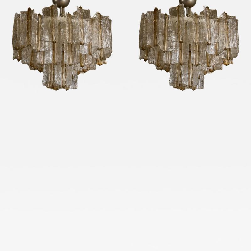 Pair of Mid Century Clear and Smoked Murano Glass with Brass Accents Chandelier