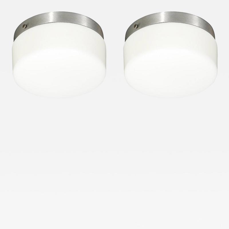 Pair of Mid Century Cylindrical Milk Glass Flush Mounts w Brushed Aluminum