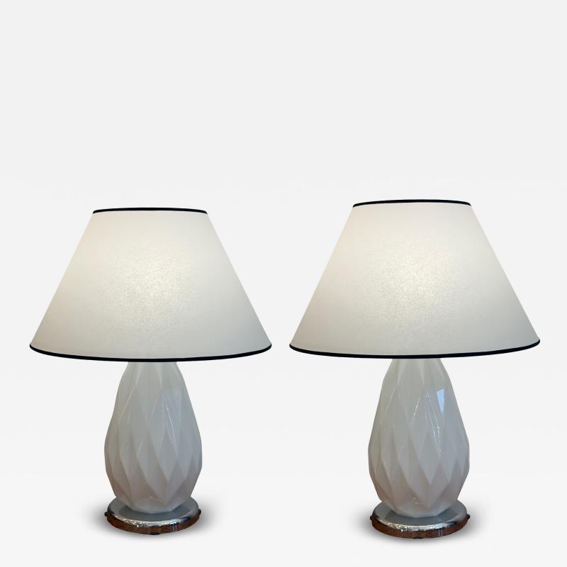 Pair of Mid Century Faceted Opalescent Glass Table Lamps Custom Parchment Shades