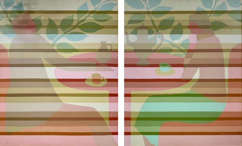 Pair of Mid Century Framed Oil on Canvas Tea Time Signed Melbardis 1979