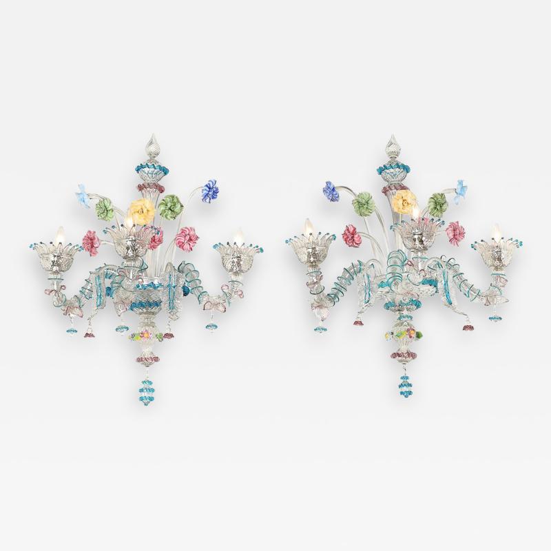 Pair of Mid Century Hand Blown Murano 3 Arm Classical Wall Sconces