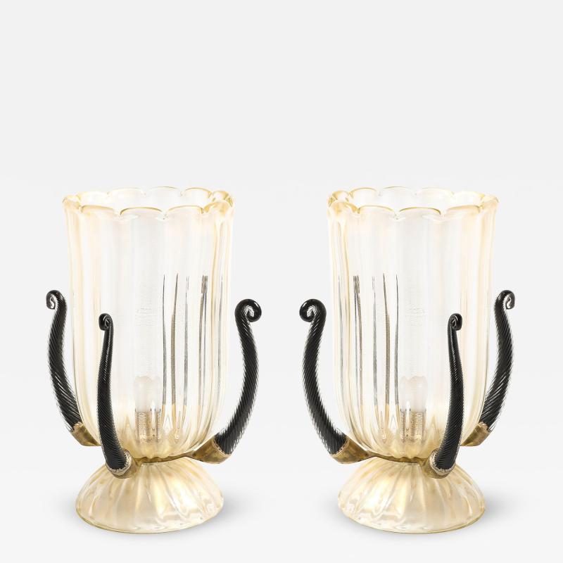 Pair of Mid Century Hand Blown Murano Fluted Glass Uplights w 24K Gold Flecks