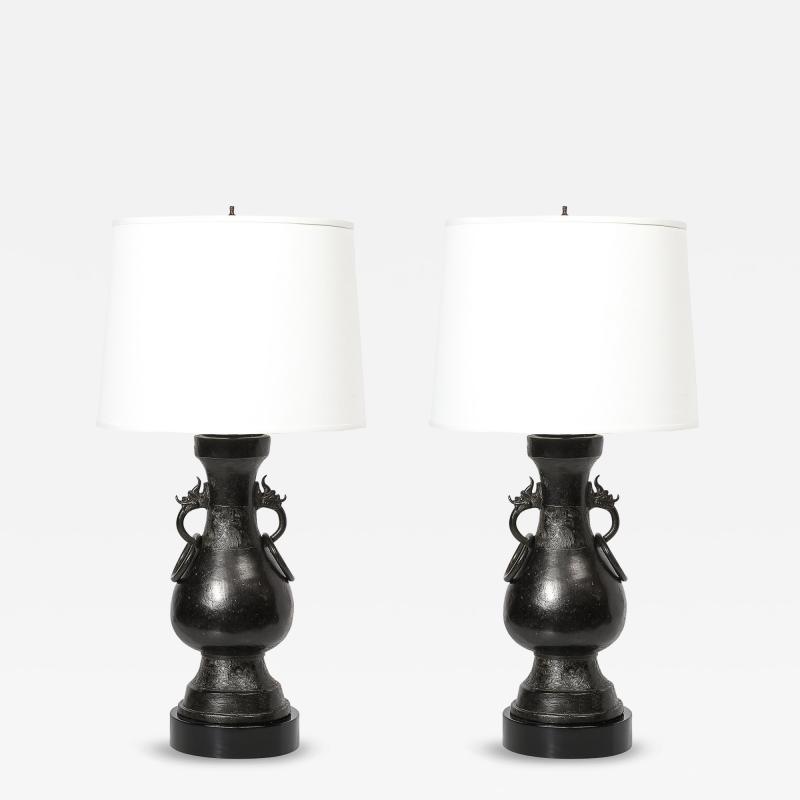 Pair of Mid Century Iron Dragon Amphora Chinoiserie Table Lamps w Ring Details