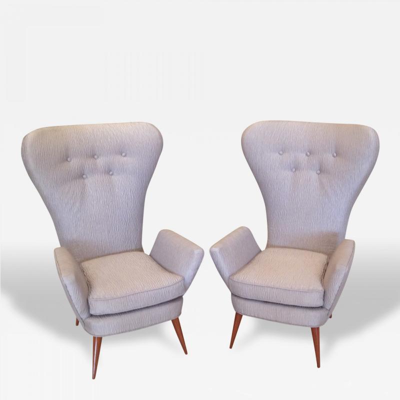 Pair of Mid Century Italian Modern High Back Gray Upholstered Armchairs