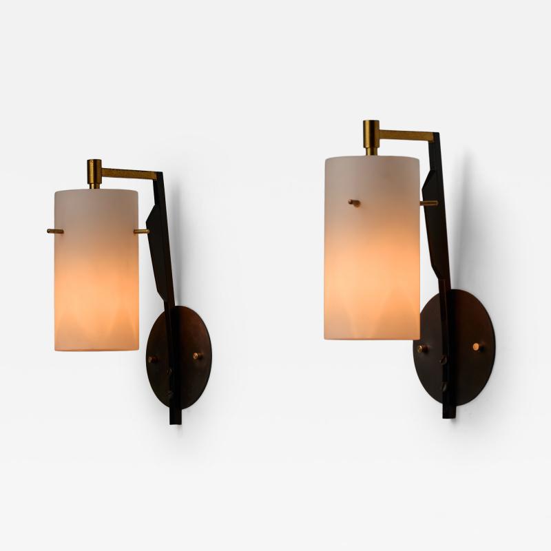 Pair of Mid Century Italian Sconces in Brass and Black with Opaline Glass Shades