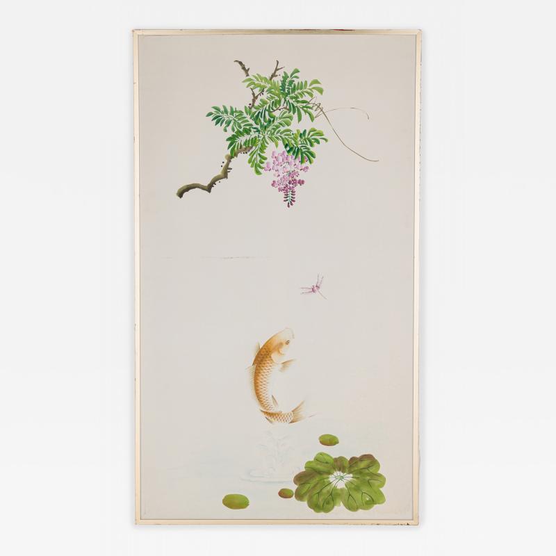 Pair of Mid Century Koi Fish and Tree Painted Silk Panels