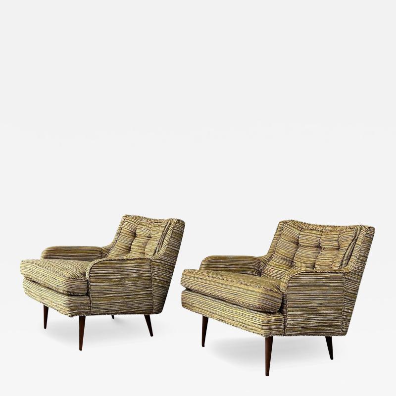 Pair of Mid Century Lounge Chairs with Walnut Legs in Original Beautiful Fabric