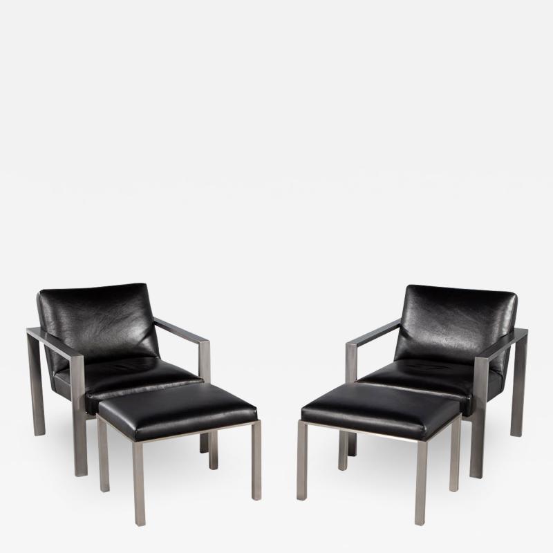 Pair of Mid Century Modern Black Leather Metal Lounge Chairs with Ottomans