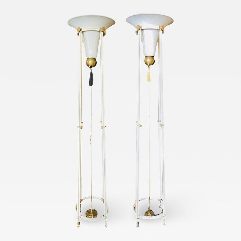 Pair of Mid Century Modern Bronze Floor Torchiere Lamps with Porcelain Globes