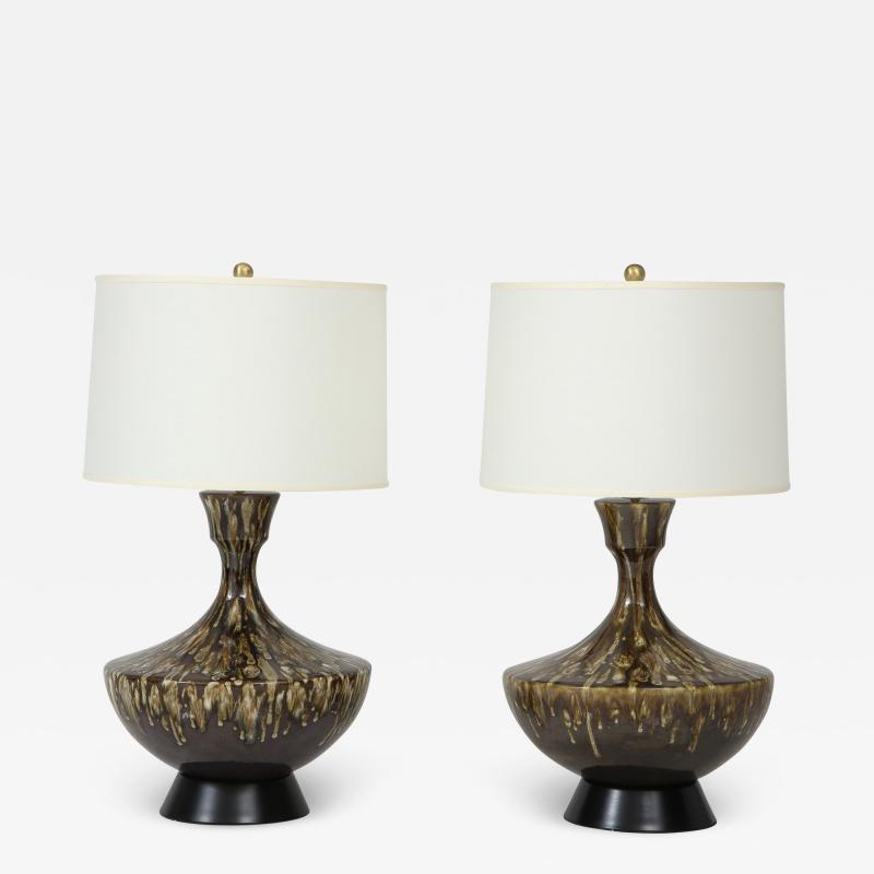 Pair of Mid Century Modern Ceramic Lamps with Lava Glaze