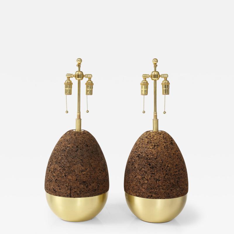 Pair of Mid Century Modern Cork and Brass Table Lamps 