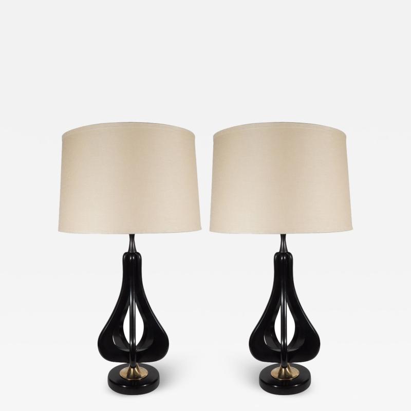 Pair of Mid Century Modern Cut Out Tear Drop Brass Ebonized Walnut Table Lamps