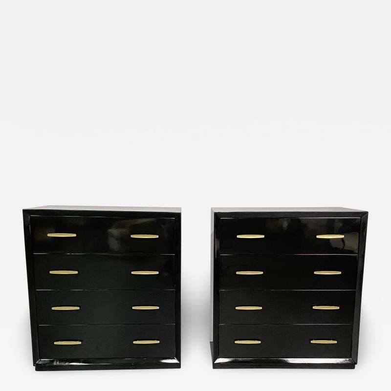 Pair of Mid Century Modern Ebony Lacquered Chests Dressers Brass American