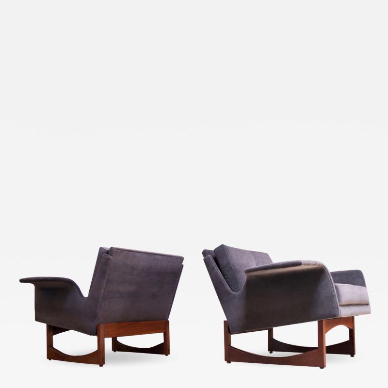 Pair of Mid Century Modern Floating Lounge Chairs in Walnut and Velvet