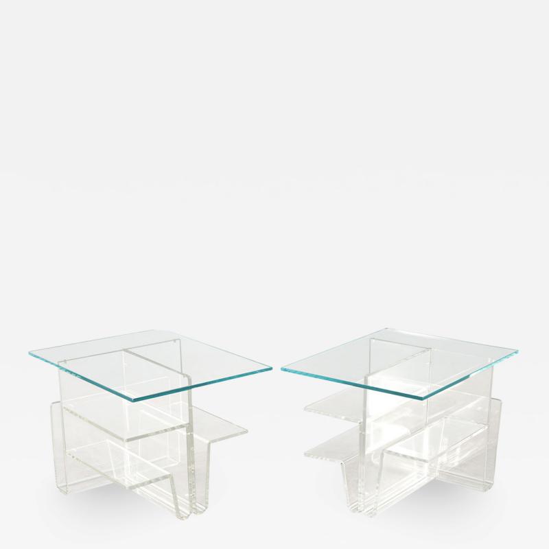 Pair of Mid Century Modern Glass Top Acrylic End Tables Magazine Stands