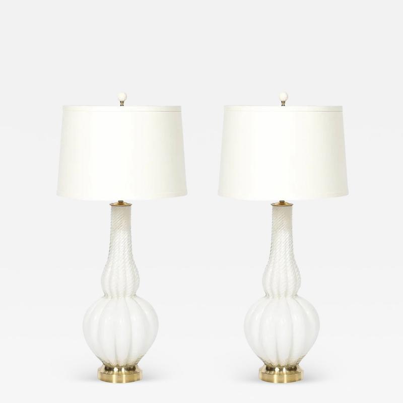 Pair of Mid Century Modern Hand Blown Murano Fluted Off White Glass Table Lamps