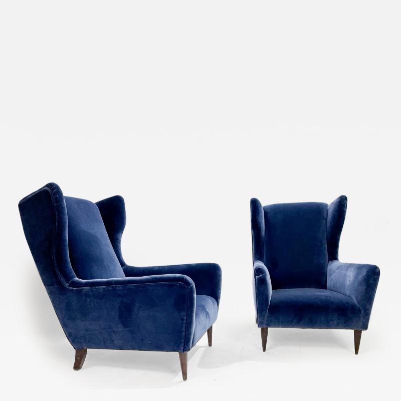 Pair of Mid Century Modern Italian Armchairs in Blue Velvet