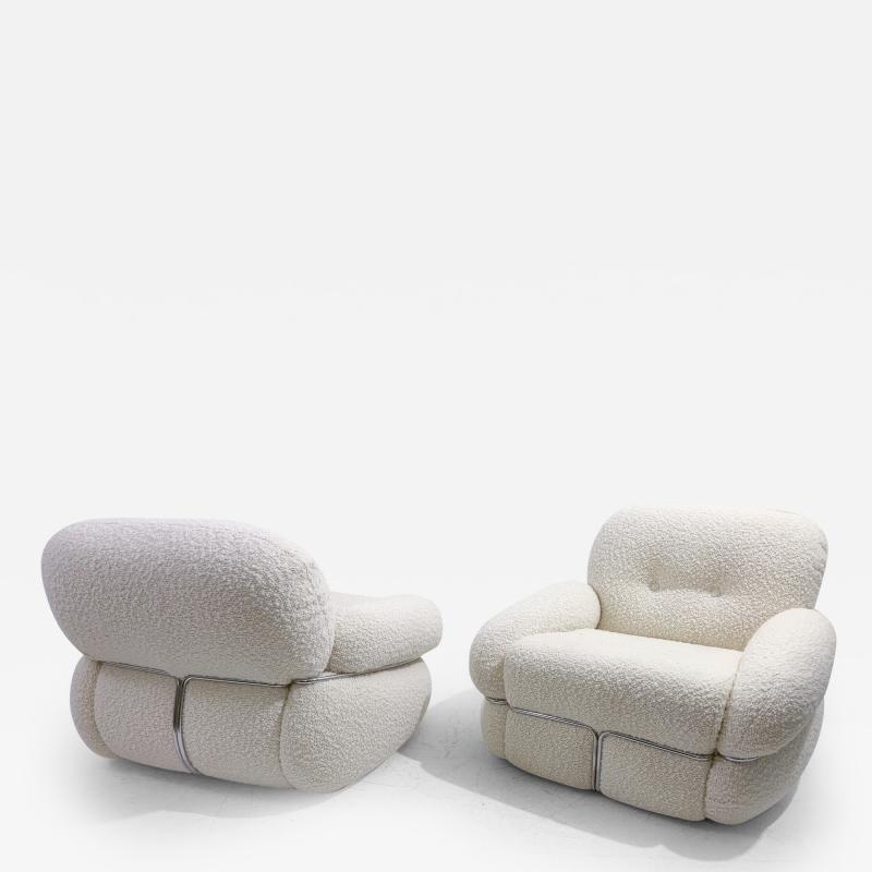 Pair of Mid Century Modern Italian Armchairs in White Boucle