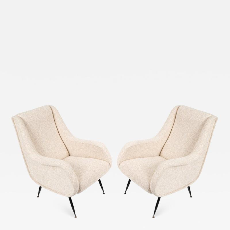 Pair of Mid Century Modern Italian Lounge Chairs in White Fabric