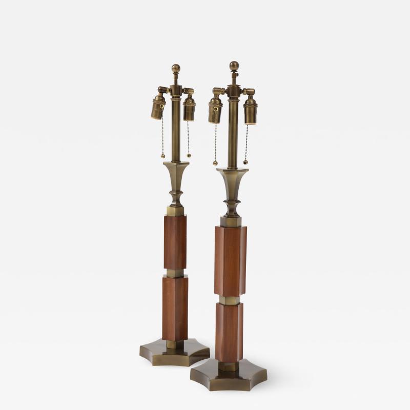 Pair of Mid Century Modern Mahogany and Brass Lamps