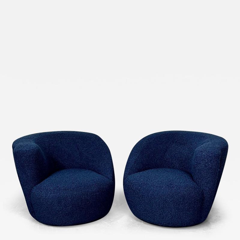 Pair of Mid Century Modern Nautilus Style Swivel Lounge Chairs Blue Faux Fur
