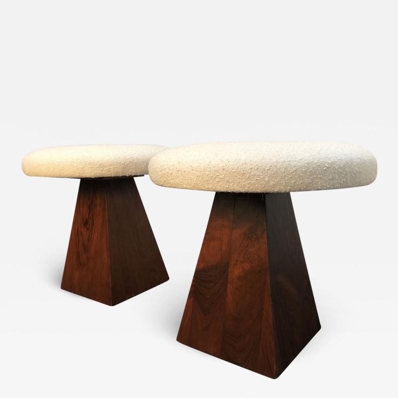 Pair of Mid Century Modern Rosewood Stools with Boucle Fabric