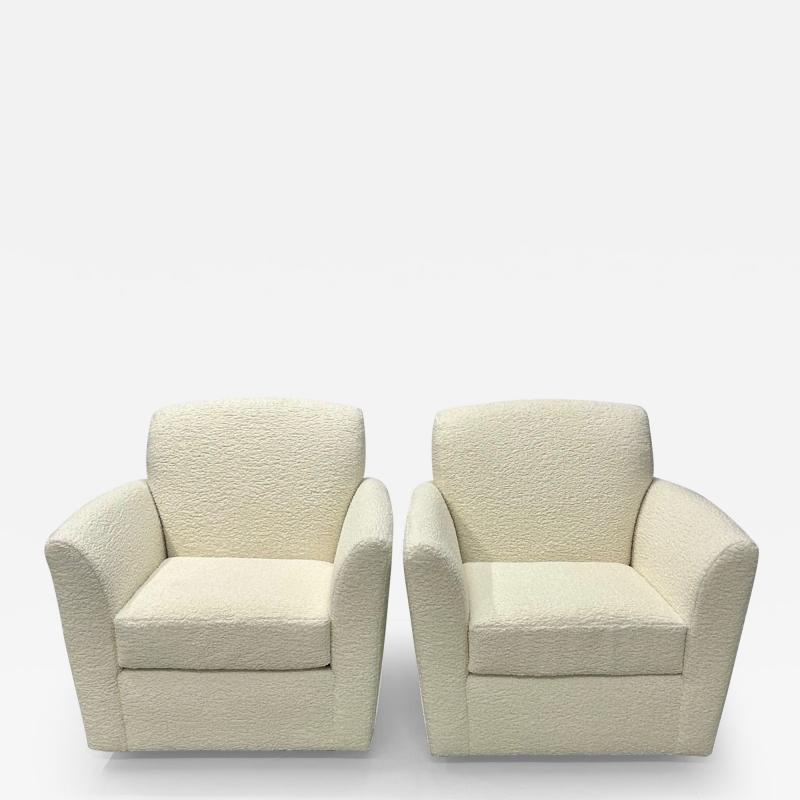 Pair of Mid Century Modern Square White Boucle Rocking Lounge Swivel Chairs