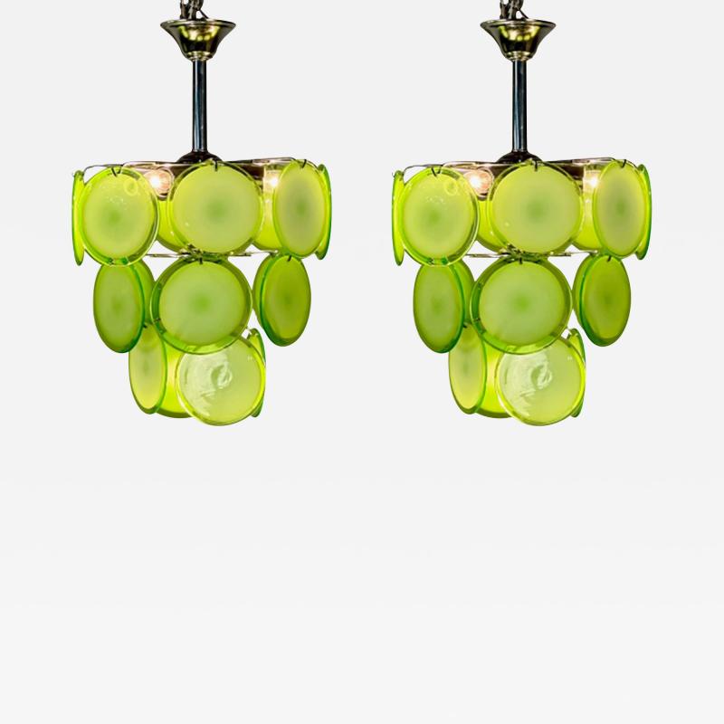 Pair of Mid Century Modern Style Small Green Murano Glass Disk Chandeliers