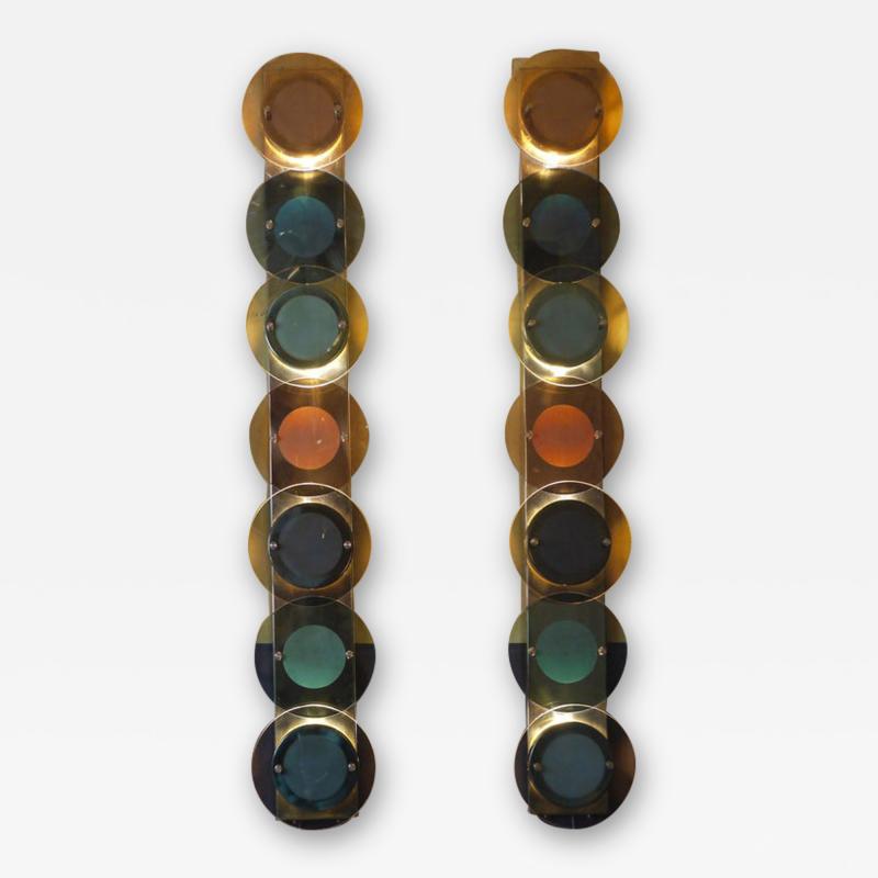 Pair of Mid Century Modern Tall Brass Sconces with Multi Color Round Glass Disks