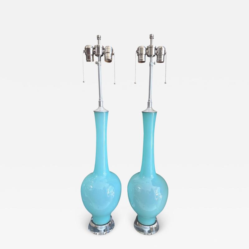 Pair of Mid Century Modern Teal Blue Murano Glass Table Lamps