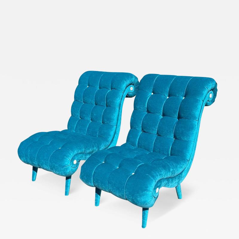 Pair of Mid Century Modern Tufted Turquoise Velvet Chairs