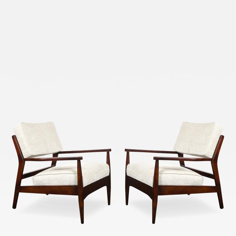 Pair of Mid Century Modern Walnut Armchairs with Off White Textural Upholstery