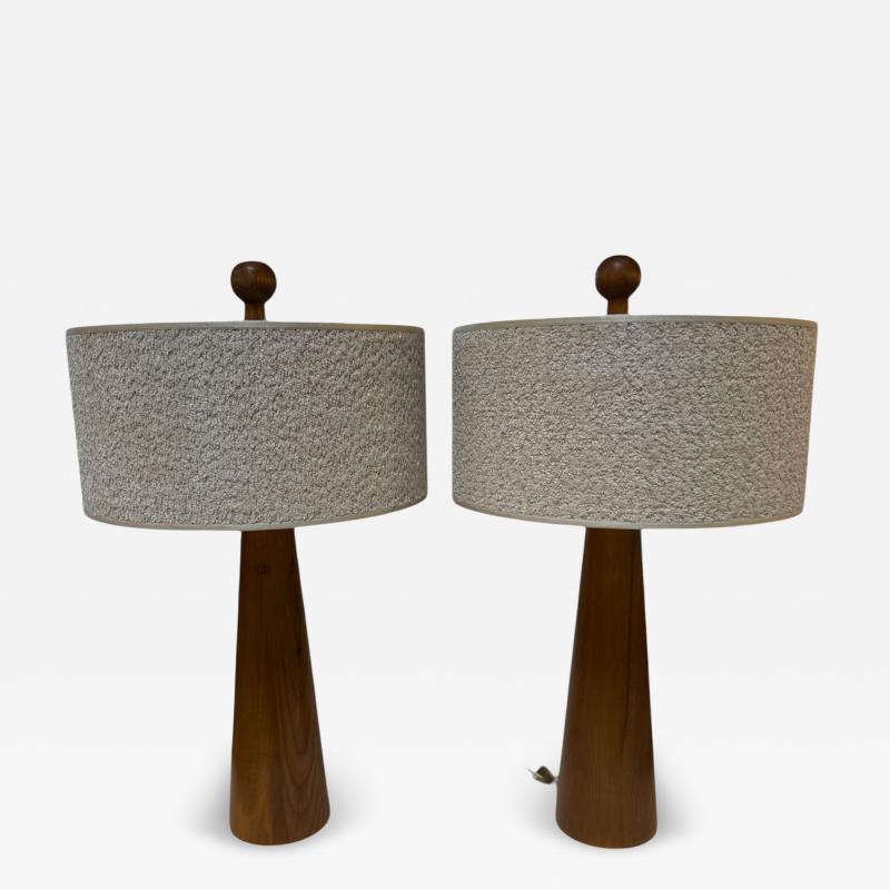 Pair of Mid Century Modern Wood Table Lamps with Textured Drum Shades