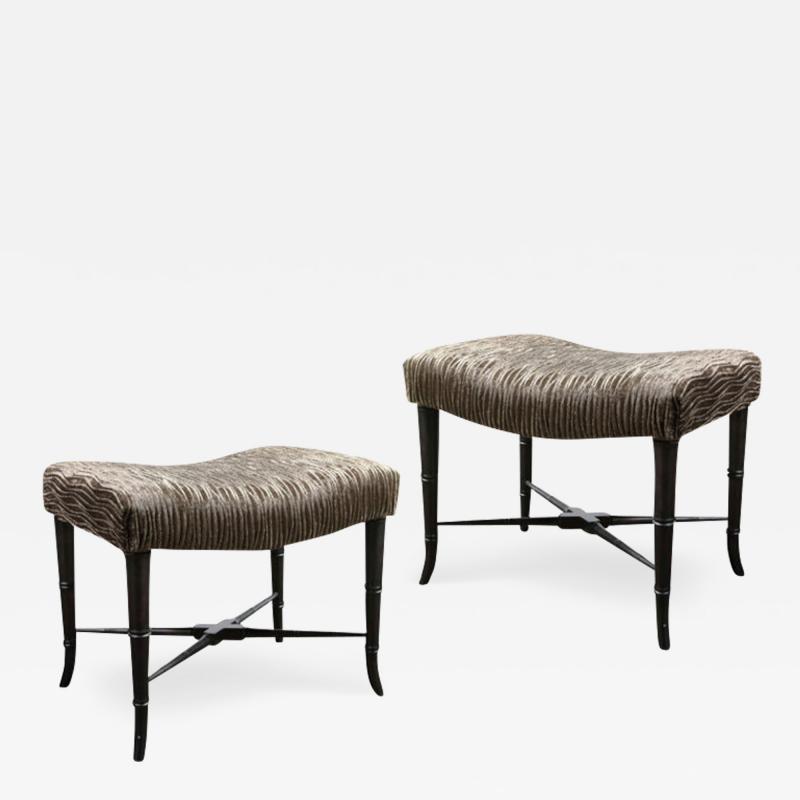 Pair of Mid Century Modern X Form Stools in Gauffraged Smoked Bronze Velvet