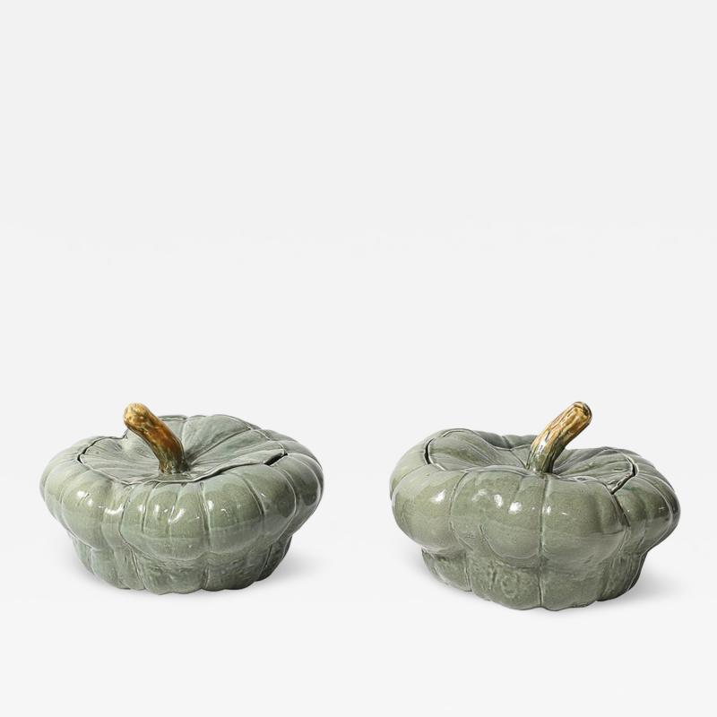 Pair of Mid Century Modernist Ceramic Covered Pumpkin Tureens