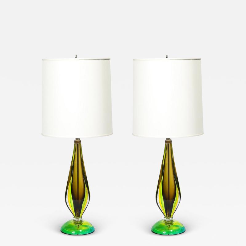 Pair of Mid Century Modernist Hand Blown Murano Sommerso Glass Table Lamps