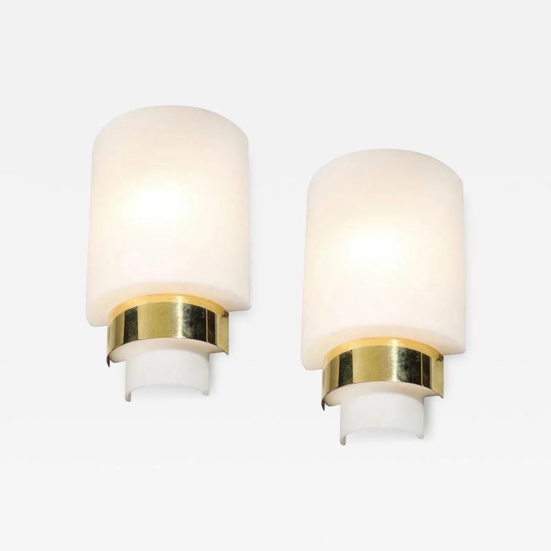 Pair of Mid Century Modernist Minimal Frosted Glass Brass Sconces