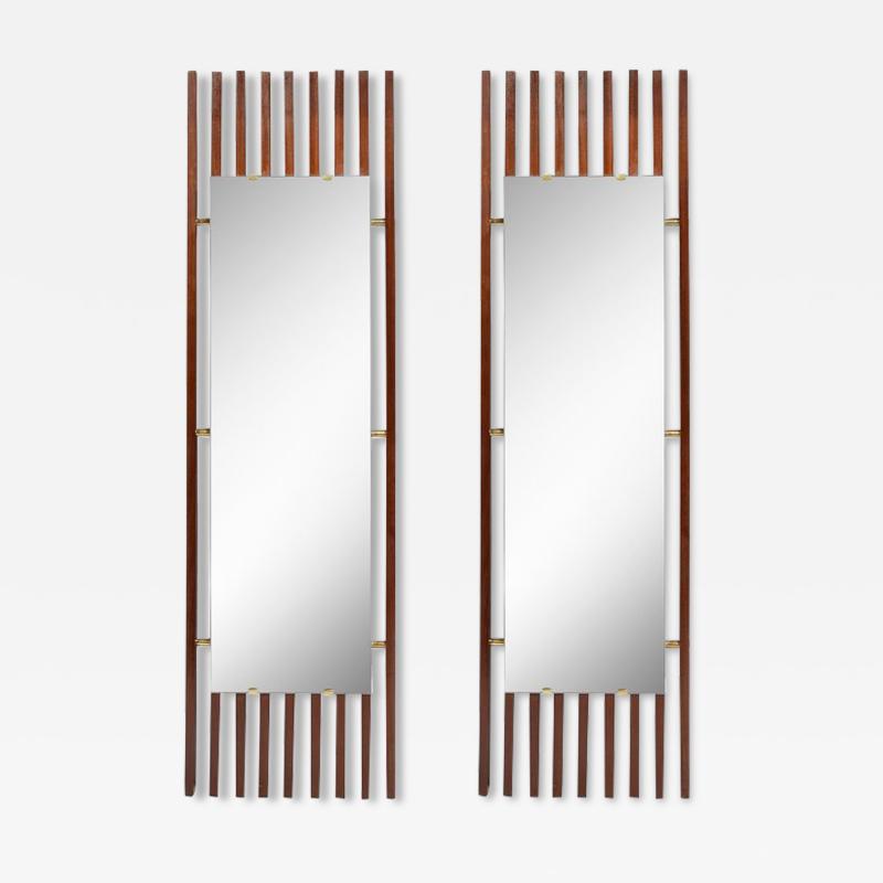 Pair of Mid Century Modernist Striated Walnut Mirrors Joined