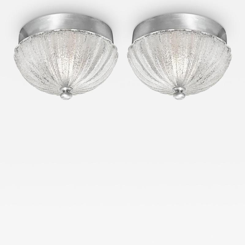 Pair of Mid Century Mottled Fluted Murano Glass Flush Mount Chandeliers