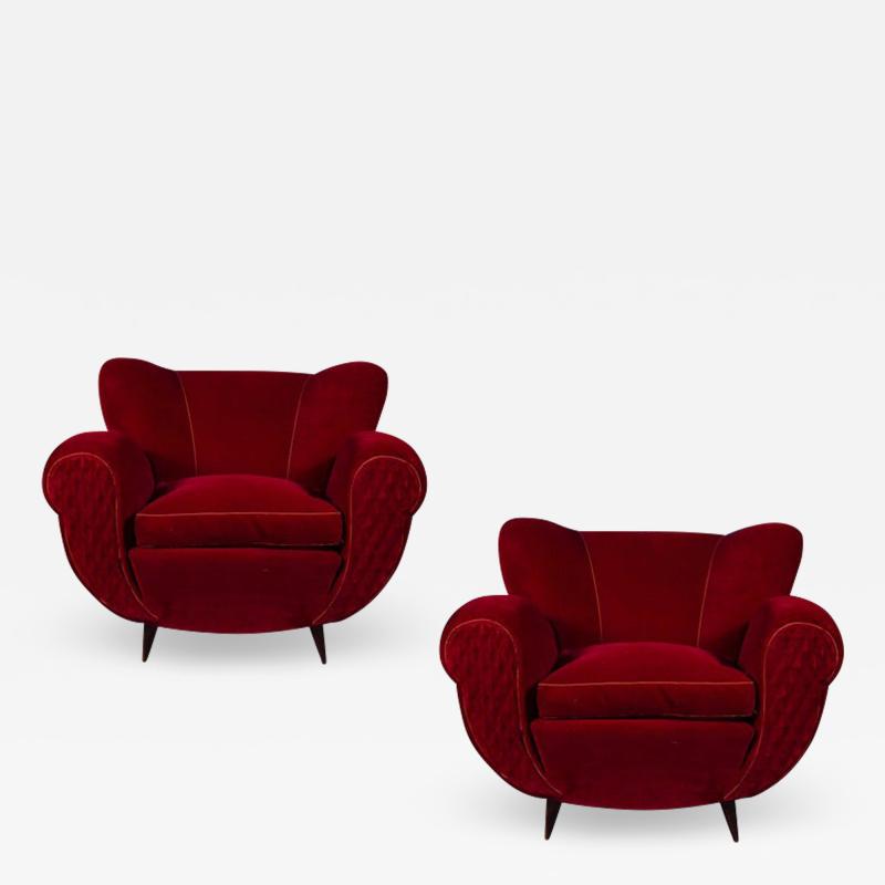 Pair of Mid Century Red Velvet Lounge Chairs or Armchairs