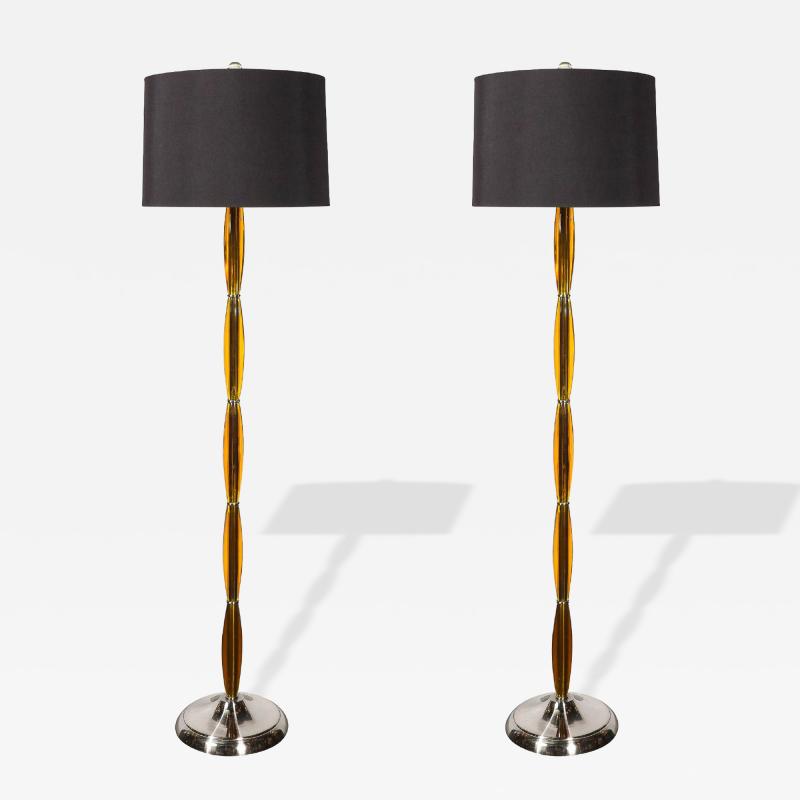 Pair of Mid Century Segmented Amber Bakelite Brushed Chrome Floor Lamps