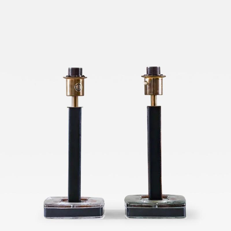Pair of Mid Century Swedish Table Lamps in Glass and Leather