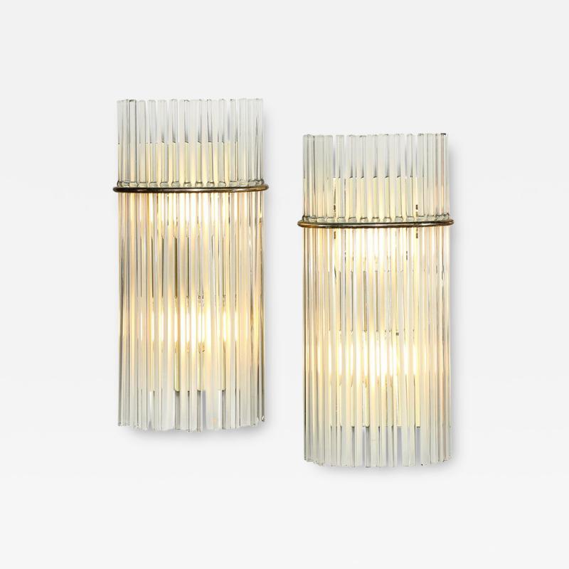Pair of Mid Century Transparent Frosted Glass Rod Sconces with Brass Fittings
