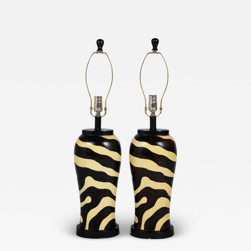Pair of Mid Century Zebra Decorated Lamps with Matching Finials