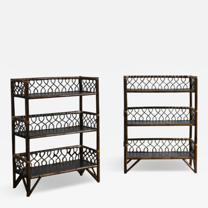 Pair of Mid Century tag res In Dark Bamboo Finish With Wooden Shelves