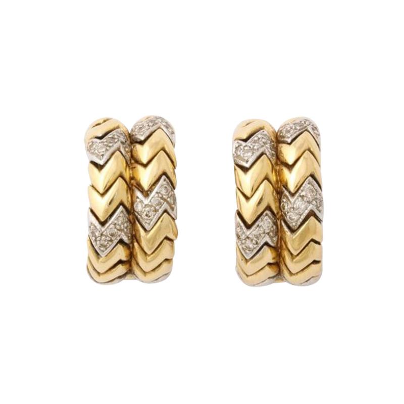 Pair of Midcentury 14 Carat Yellow and White Gold Earrings Inset with Diamonds