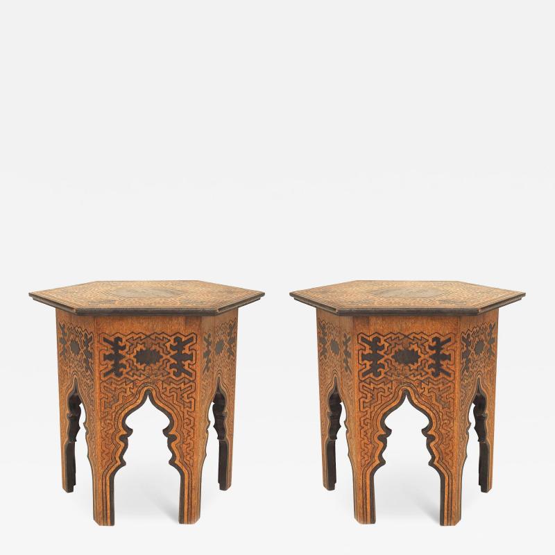 Pair of Middle Eastern Moorish Style Burnt Wood Hexagonal Taborets